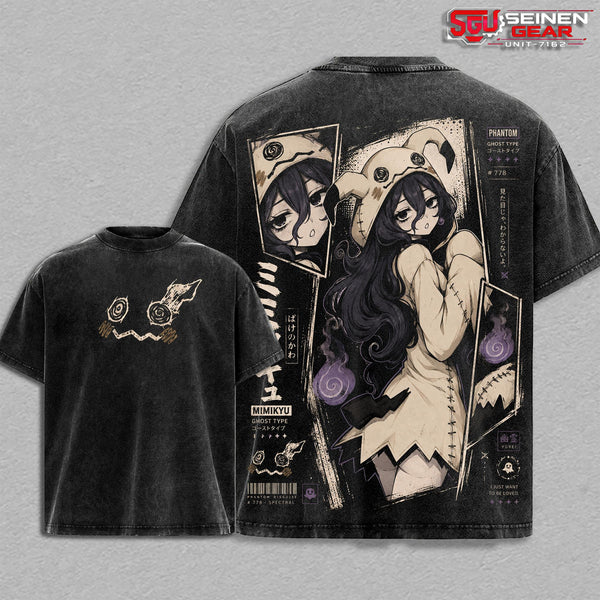Mimikyu Cute Vintage Washed Oversized T-Shirt Hoodie Sweatshirt, Ghost Fairy PKM Graphic Tee, Phantom Disguise Anime Shirt, Heavyweight Cotton Streetwear, Unisex Casual Anime Apparel, Gift for PKM Fans