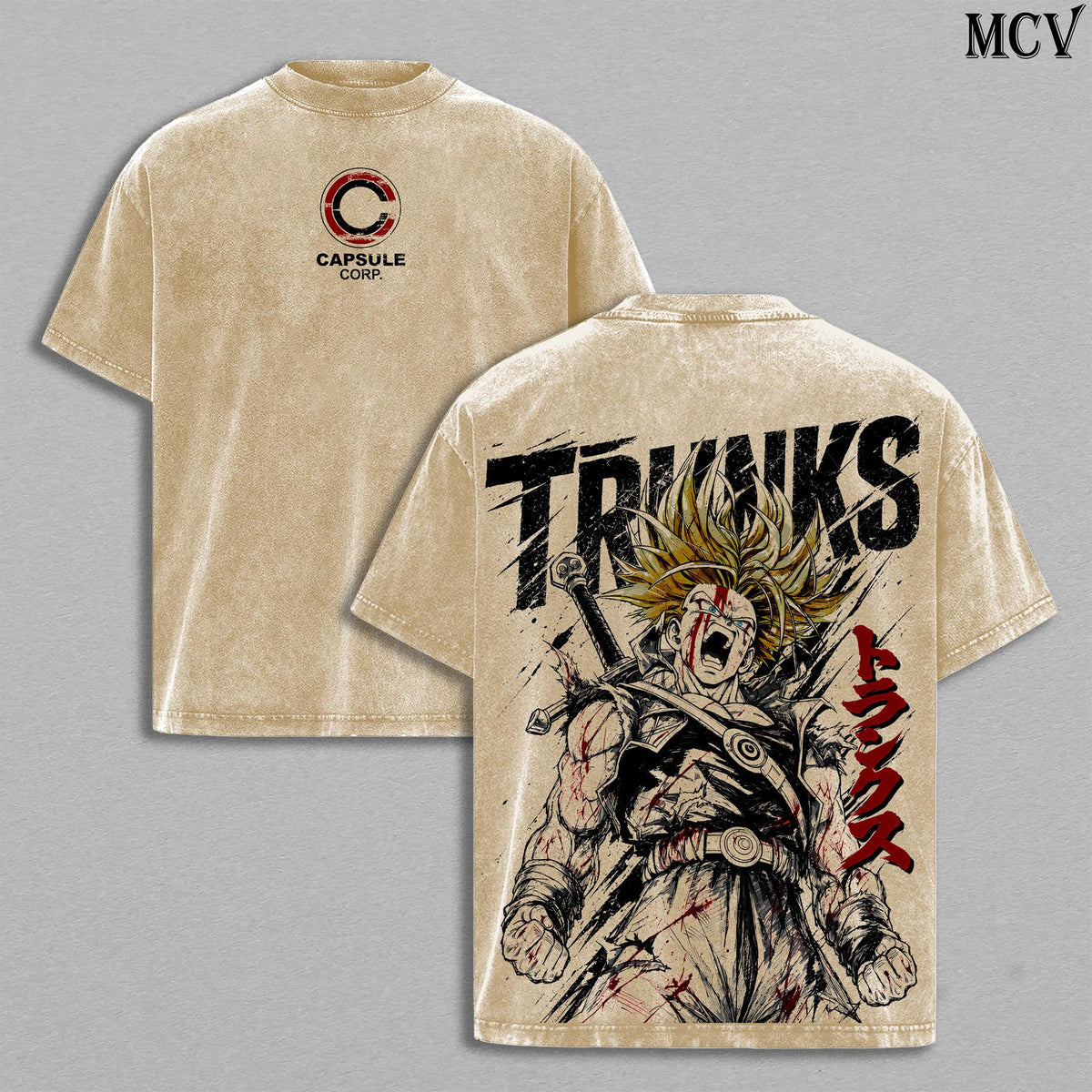 Trunks DBZ Tee – Trunks Vintage Washed T-Shirt | Super Saiyan Warrior | Future Trunks | Anime Manga Graphic Tee | Heavy Cotton Unisex Oversized Streetwear Top