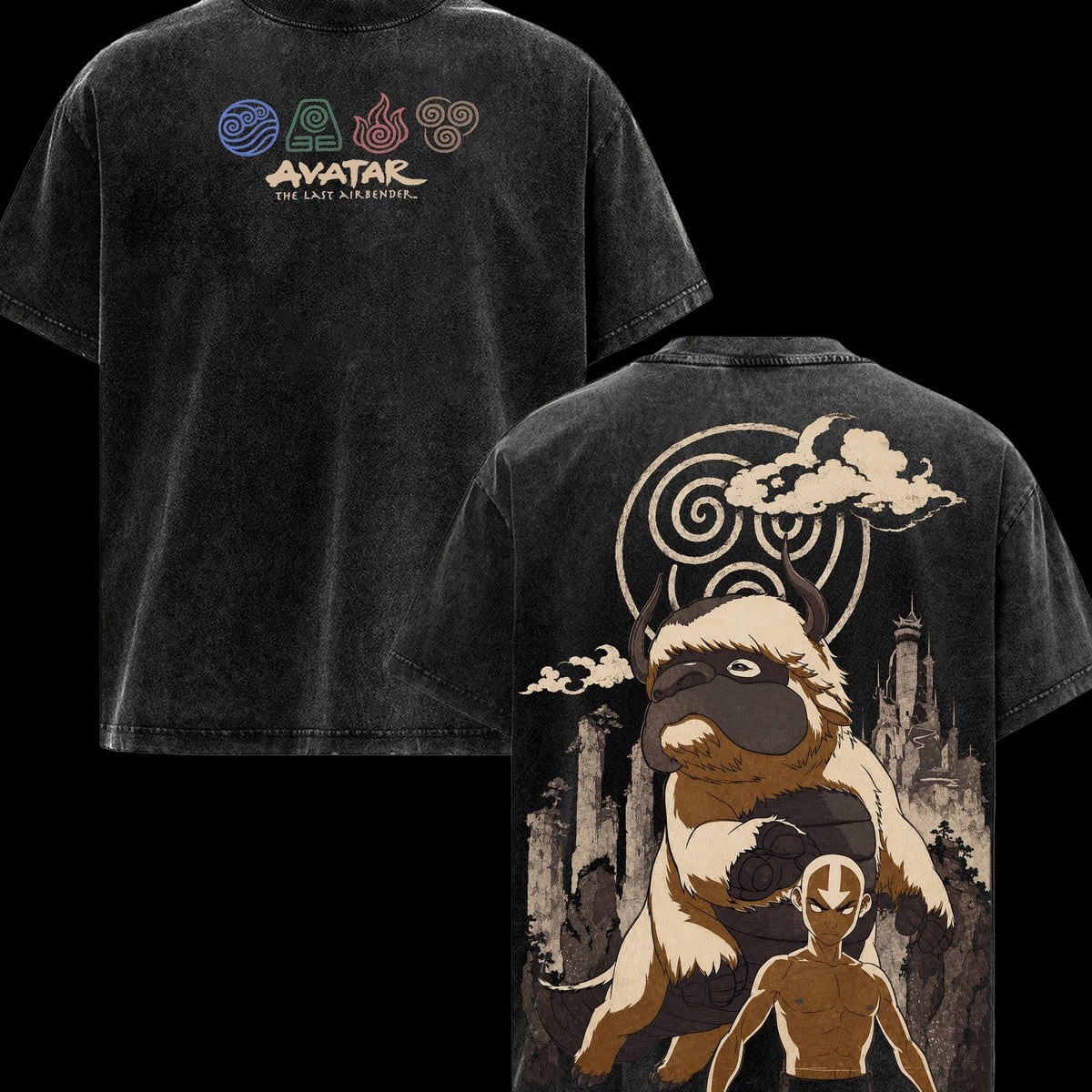 Avatar The Last Airbender Menswear Graphic T-Shirt, Appa Aang Double Sided Tee, Oversized Vintage Washed Soft Cotton Top, Classic Casual Streetwear Apparel, Gift for Fans