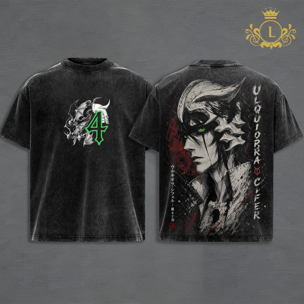 Bleach Ulquiorra Cifer Espada Number 4 Vintage Washed Oversized T-Shirt Hoodie, Double Printed Hollow Anime Manga Portrait Graphic, Green Eyes Dark Aesthetic, Heavyweight Cotton Streetwear, Unisex Anime Fan Apparel