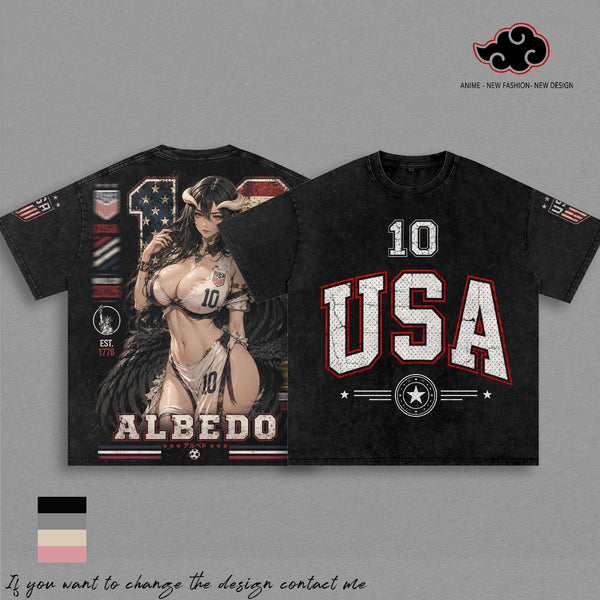 USA World Football Tour 2026 T Shirt X Albedo Overlord Vintage Washed Anime Soccer T Shirt, Retro Futbol Graphic Tee, Oversized Heavyweight Cotton Streetwear, Football Fan Shirt, Sports Aesthetic Gift Merch Apparel