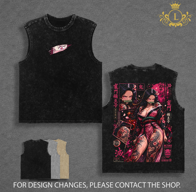 Limited Edition Nezuko Kamado Vintage Washed Graphic Tee Demon Slayer T-Shirt Kimetsu No Yaiba Shirt Blood Demon Art Heavy Cotton Unisex Streetwear Gift for Anime Lovers