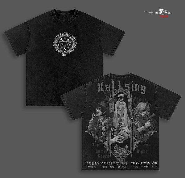 Hellsing Anime Double Printed Vintage Washed Tee Unisex Oversize Anime Manga Washed Heavyweight Cotton T-shirt
