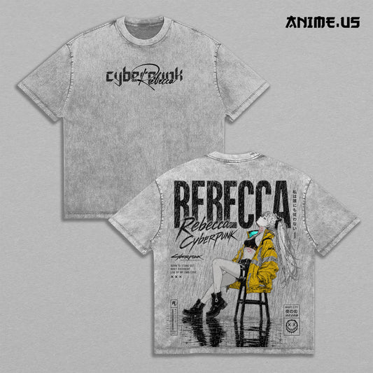 Rebecca Cyberpunk Edgerunners Vintage Washed T-Shirt | Night City Anime Girl Graphic Tee | Oversized Heavyweight Streetwear