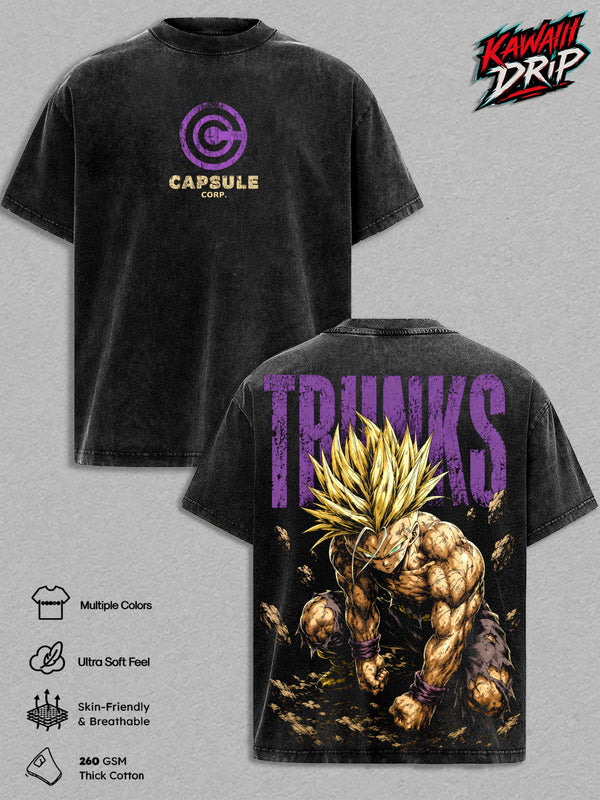 Trunkss DBZ Vintage Washed T Shirt Anime Graphic Tee Super Saiyann Trunksss Oversized Heavyweight Cotton Top Classic Menswear Clothes Apparel Gift for DBZ Fans Men Women