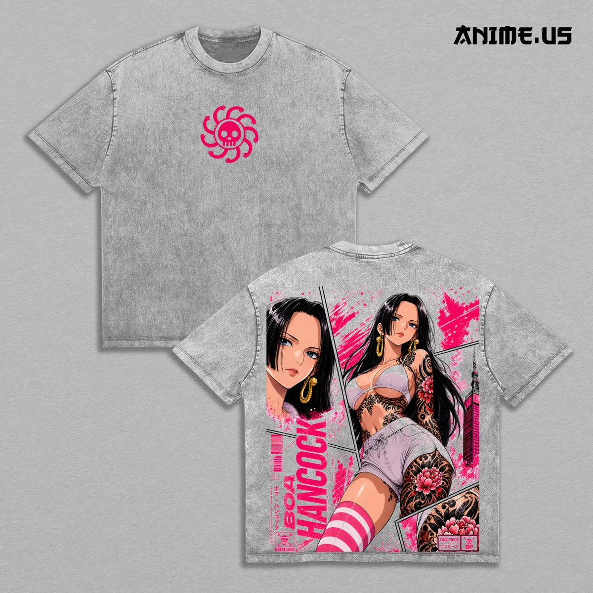 Boa Hancock One Piece Queen Energy Vintage Acid Wash Anime Graphic Tee, Pirate Empress Glamour Tattoo Rose Aura Large Back Print Unisex Cotton Streetwear