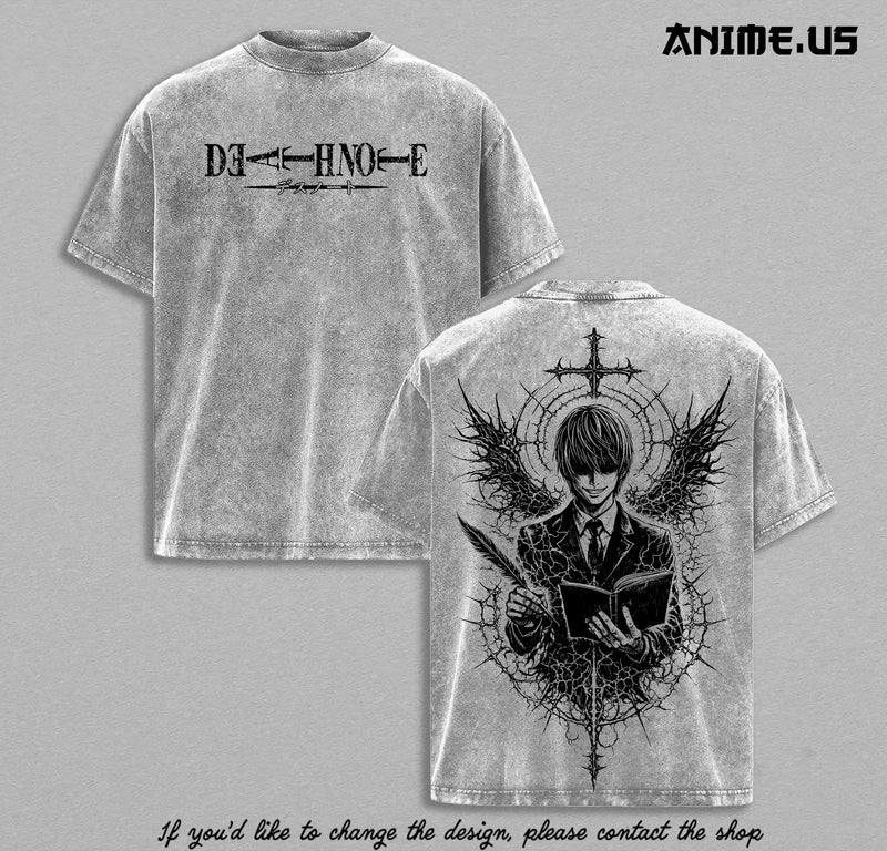 Light Yagami Death Note Vintage Washed Anime Tee Oversized Heavyweight Cotton Manga Graphic T-Shirt Gothic Streetwear Double Sided Unisex