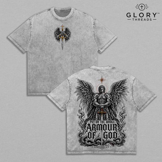 Saint Michael Archangel Armor of God Ephesians 6:11 Christian T-Shirt, Angel Warrior Vintage Washed Graphic Tee, Bible Verse Faith Streetwear