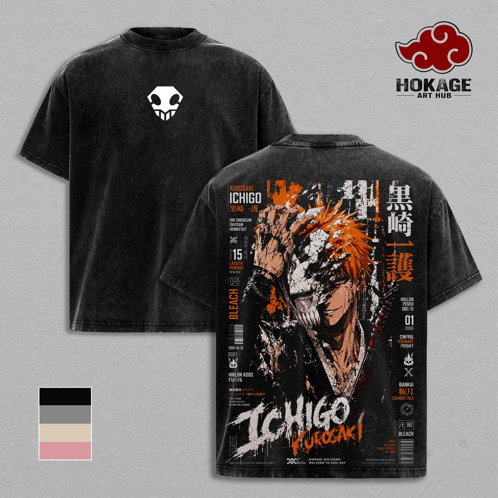 Ichigo - Bleach Hollow Mask Double Printed Graphic Tee, Heavy Cotton Oversized Shirt, Faded Acid Wash Streetwear For Men, Gift For Anime Lovers And Bleach Fans