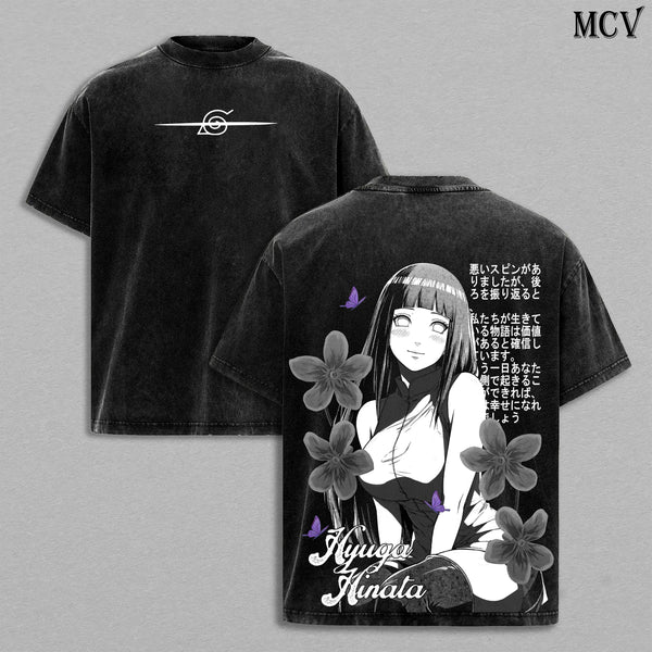 Hinata Hyuga Naruto Vintage Washed Tee | Byakugan Princess | Hyuga Clan Anime Manga Double Printed T-Shirt | Heavy Cotton Unisex Oversized Streetwear Graphic Top