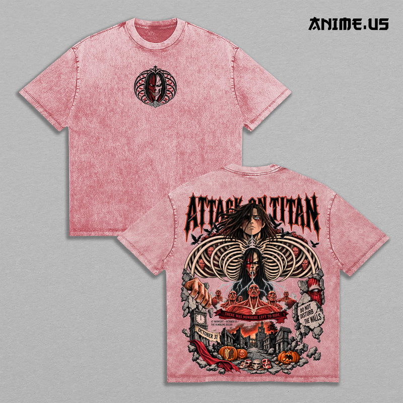 Attack Titan Halloween Vintage Black Wash T-Shirt, Eren Rumbling Skeleton Colossal Titan Horror Anime Back Print Tee, Oversized Heavy Cotton Gym Streetwear, Unisex Manga Fan Gift
