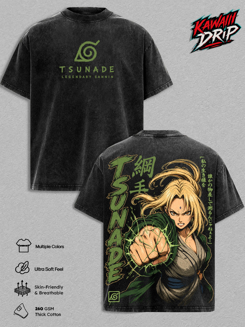 Tsunade Vintage Washed T-Shirt - Naruto Shippuden Graphic Tee Legendary Sannin Fifth Hokage Oversized Japanese Streetwear Top Cotton Tshirt Classic Menswear Clothes Apparel Gift for Naruto Fans Men & Women