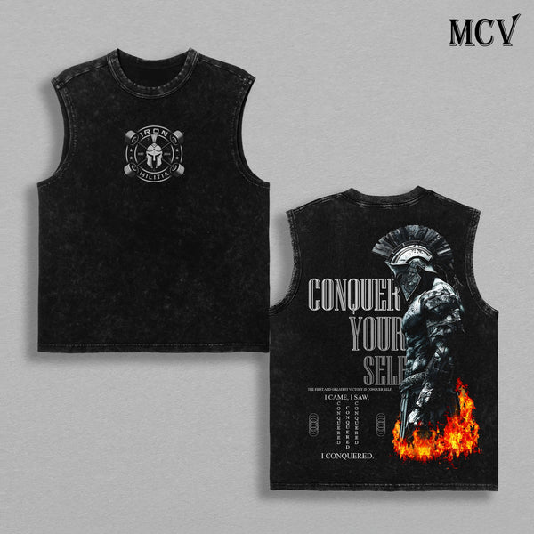 Conquer Yourself Vintage Washed Tank Top – Spartan Warrior Graphic Sleeveless Shirt, Heavy Cotton Muscle Tank for Men, Gym Motivation Fitness Streetwear