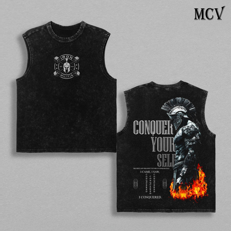 Conquer Yourself Vintage Washed Tank Top – Spartan Warrior Graphic Sleeveless Shirt, Heavy Cotton Muscle Tank for Men, Gym Motivation Fitness Streetwear