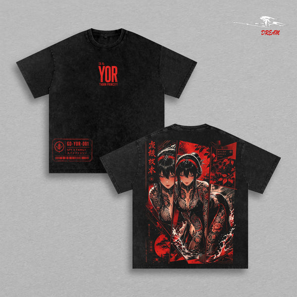 Yor Forger Spy x Family Tee – Yor Forger Vintage Washed T-Shirt | Thorn Princess | Japanese Irezumi Blackwork Tattoo | Dark Gothic Assassin Anime Graphic Tee | Heavy Cotton Unisex Oversized Streetwear Top