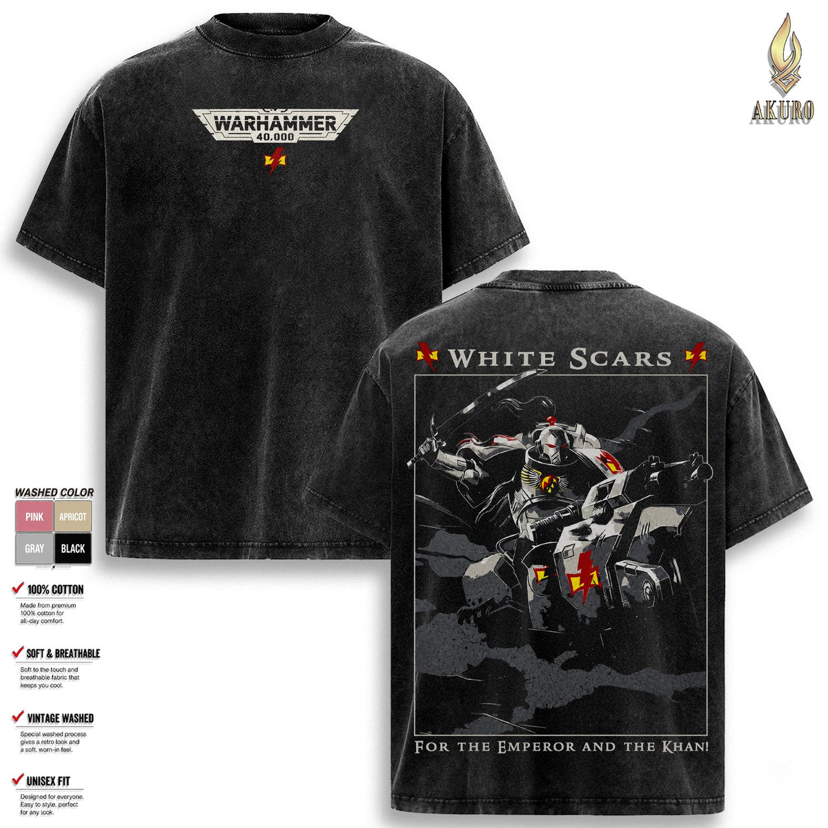 White Scars Warhammer 40K Graphic T Shirt, Warhammer 40000 Vintage Washed Oversized Tee, Space Marines Chaos Tyranids Gaming Streetwear Soft Cotton Unisex Gift