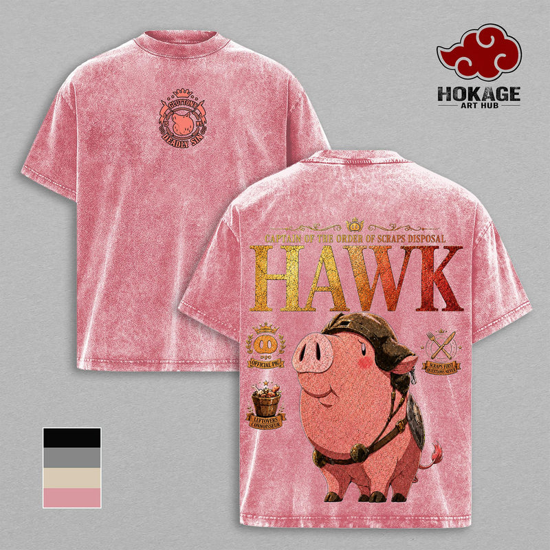 Hawk -7DS Seven Deadly Sins Gluttony Pig Mascot Double Printed Tee, Stone Wash Streetwear For Men, Heavyweight Unisex Oversized Shirt, Gift For Anime Fans