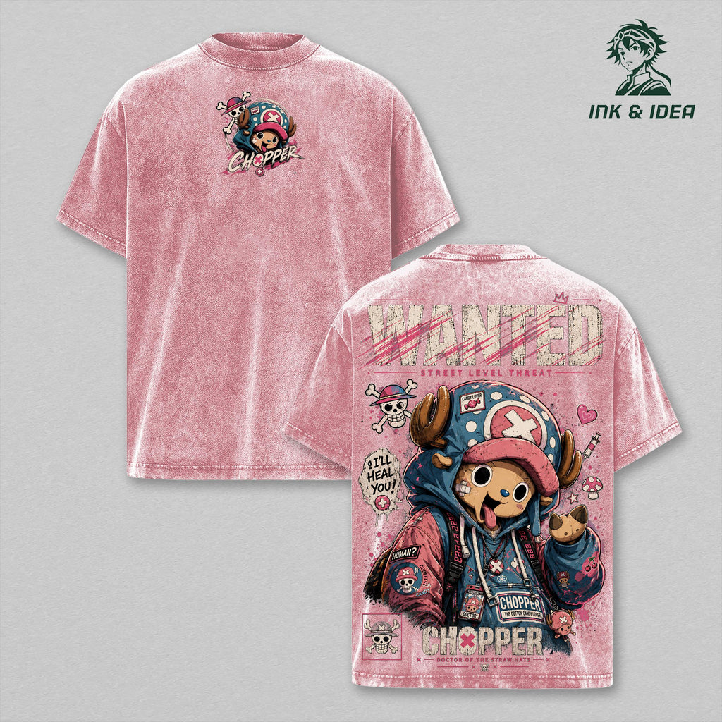 Chopper Double Printed Vintage Washed Tee, Doctor Pirate Graphic Shirt, Oversized Heavyweight Cotton Anime Streetwear for Manga Fans