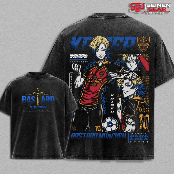 Michael Kaiser Bastard München Vintage Washed Oversized Graphic T-Shirt Sweatshirt Hoodie, Blue Lock Anime Soccer Tee, Heavyweight Cotton Manga Streetwear Outfit Gift for Anime Fans