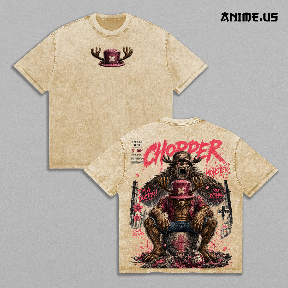 Toni Chopper Monster Point OnePiece Anime Graphic Tee Drum Island Doctor Vintage Washed Oversized T-Shirt Manga Art Heavyweight Cotton Streetwear Back Print Shirt