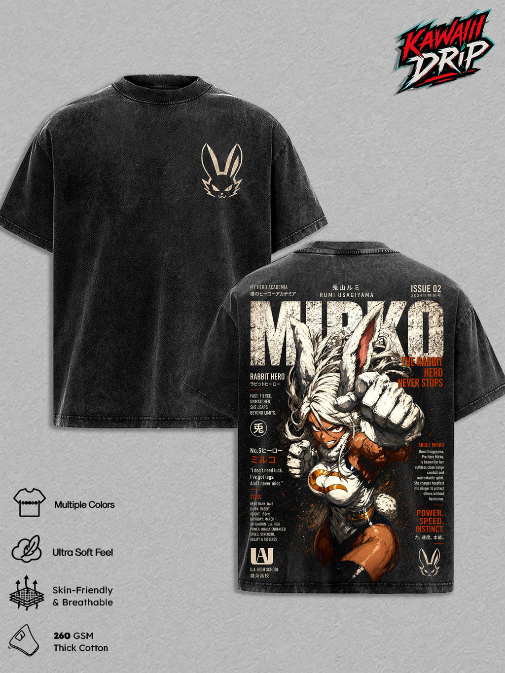 Mirko Rumi Usagiyama Vintage Washed Anime T Shirt, Rabbit Hero Graphic Tee Retro Manga Streetwear Oversized Heavyweight Cotton Unisex T-Shirt, MHA Anime Fan Gift for Men Women, Pro Hero Apparel