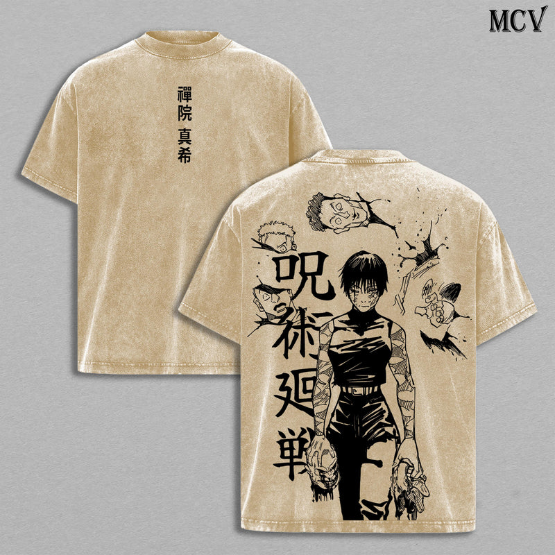 Maki Zenin Tee Washed – Jujutsu Kaisen Vintage Washed & Acid Wash Heavy Cotton Oversized Anime Manga T-Shirt & Hoodie, Dark Aesthetic Double Printed Retro Unisex Streetwear Graphic Top, Heavenly Restriction Edition