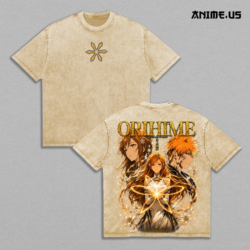 Orihime Inoue Princess of Heart Bleach Anime Graphic Tee Soul Reaper Manga Vintage Washed Oversized Streetwear Heavyweight Cotton Floral Back Print Shirt