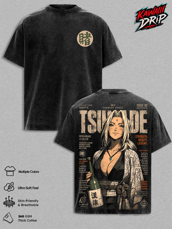 Tsunade Senju Vintage Washed Anime T-Shirt – Fifth Hokage Naruto Graphic Tee, Legendary Sannin Retro Manga Streetwear Oversized Heavy Cotton Unisex Shirt, Anime Gift for Men & Women