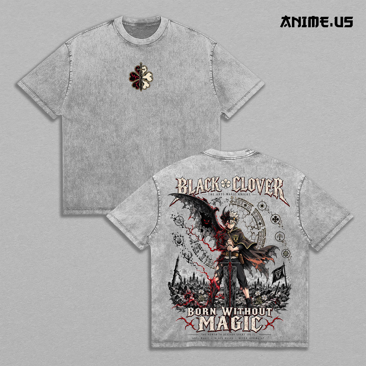 Asta Black Clover Born Without Magic Vintage Washed T-Shirt, Anti Magic Knight Demon Slayer Sword Anime Graphic Tee, Black Bulls Oversized Dark Fantasy Streetwear