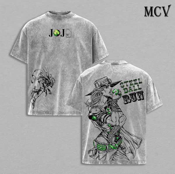Gyro Zeppeli Tee Washed - JoJo’s Bizarre Adventure Steel Ball Run Anime Spin Technique Golden Spin Pizza Mozzarella Manga Graphic Double Printed Washed Tee, Menswear Heavy Cotton Unisex Oversize Streetwear Vintage