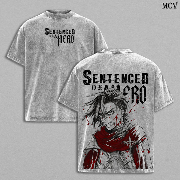Xylo Forbartz Tee Washed – Sentenced to Be a Hero Vintage Washed Heavy Cotton Oversized Anime Manga T-Shirt & Hoodie Washed, Double Printed Retro Unisex Streetwear Graphic Top, Dark Fantasy Anti-Hero Battle Edition