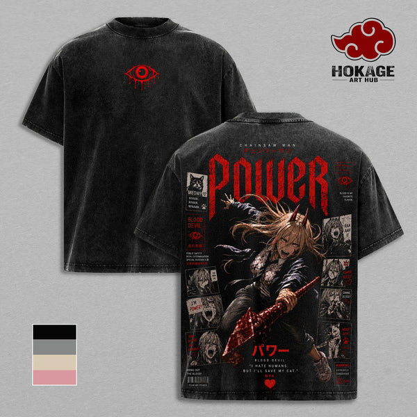 Chainsaw Man T-Shirt, Power Anime Graphic Tee, Vintage Washed Shirt, Oversized Streetwear T-Shirt, Japanese Manga Shirt, Heavyweight Cotton Tee, Unisex Anime Merch, Gift for Anime Fans
