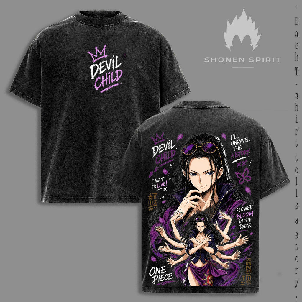 Nico Robin – One Piece Vintage Washed T-Shirt, Devil Child Anime Graphic Tee, Flower Bloom Dark Aesthetic Oversized Heavyweight Cotton Streetwear