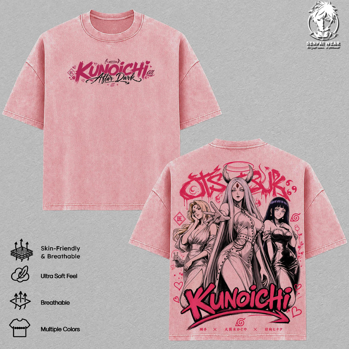 Tsunade, Kaguya, Hinata Graphic Tee, Naruto Vintage Washed Shirt, Unisex Streetwear, Female Ninja Streetwear Shirt Tee, Kunoichi After Dark T-Shirt, Gift for Anime Fans