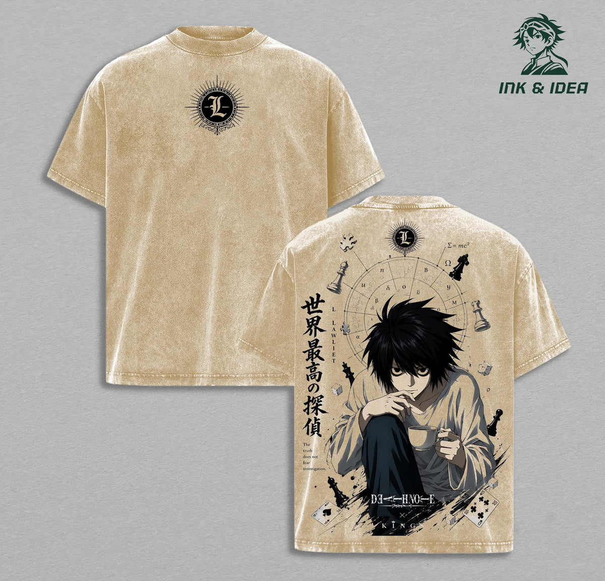 L Lawliet Death Note Vintage Washed Anime T-Shirt, Detective Graphic Tee, Oversized Streetwear Shirt, Heavy Cotton Manga Apparel, Unisex Anime Fan Gift