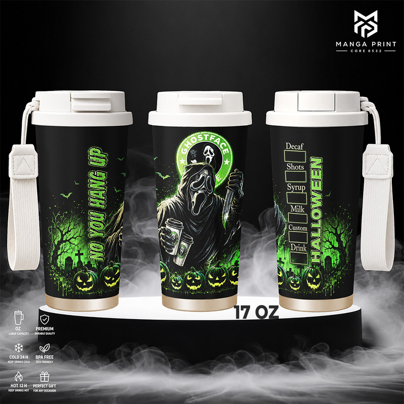 Ghostface Halloween Insulated Tumbler Horror Coffee Cup No You Hang Up Green Pumpkin Design Stainless Steel 17oz 24oz 30oz Vacuum Travel Mug Reusable Drinkware Halloween Horror Gift