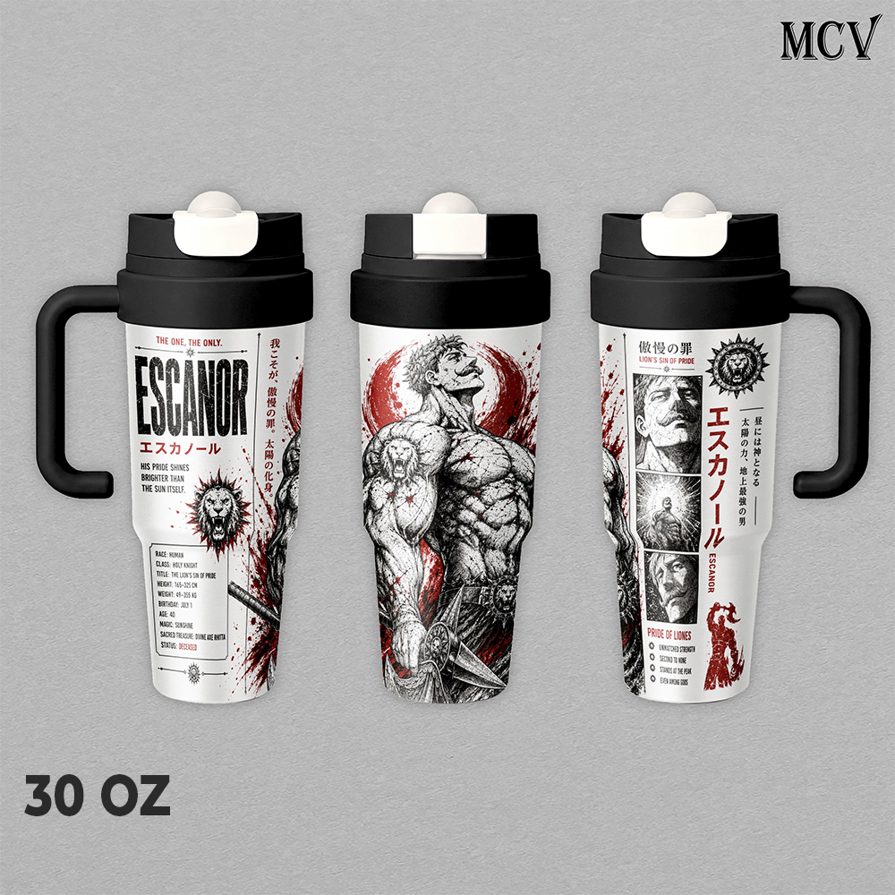 Escanor The Seven Deadly Sins Tumbler 17oz 24oz 30oz, Premium Insulated Stainless Steel Travel Mug with Lid and Handle, Sunshine Warrior Anime Graphic Design, Reusable Coffee Water Cup, Gift for Anime Fans