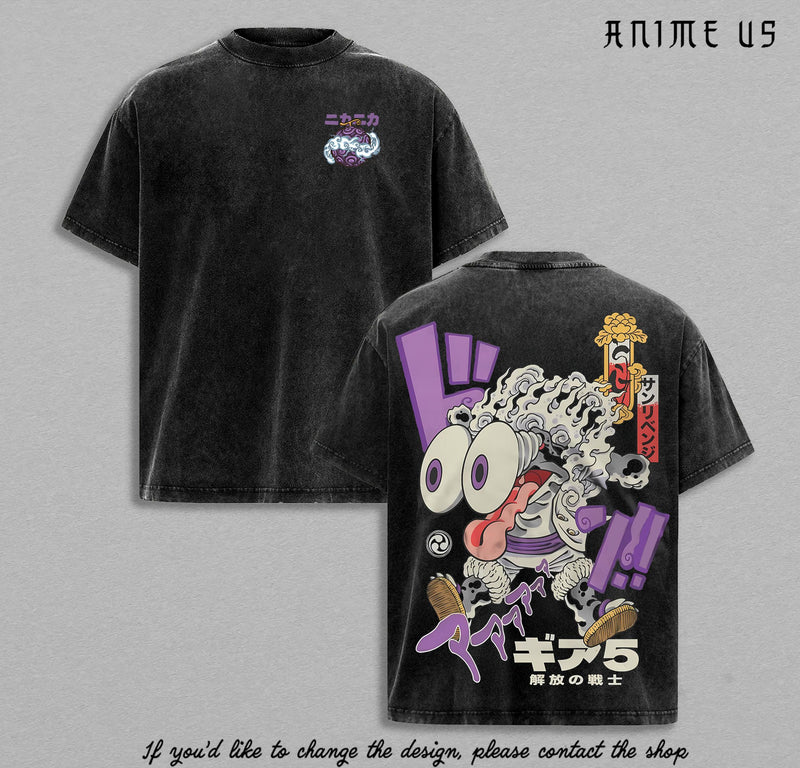 Gear 5 Sun God Nika Sea Emperor Pirate Vintage Washed T-Shirt | White Hair Captain Anime Tee | Toon Force Manga Streetwear