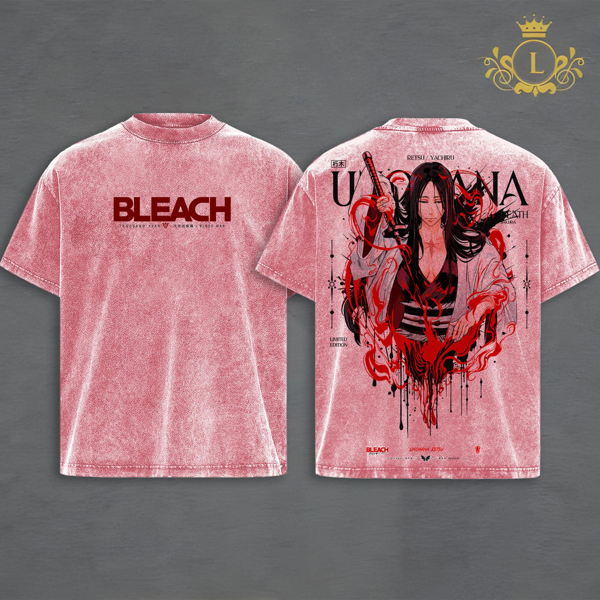 Unohana Retsu Bleach Vintage Washed T-Shirt Hoodie, Minazuki Bankai Anime Graphic, Blood Aura Death Sakura Art, Double-Sided Print, Heavyweight Oversized Unisex Streetwear