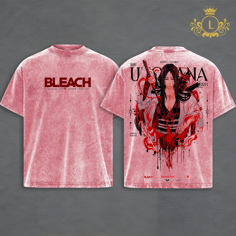 Unohana Retsu Bleach Vintage Washed T-Shirt Hoodie, Minazuki Bankai Anime Graphic, Blood Aura Death Sakura Art, Double-Sided Print, Heavyweight Oversized Unisex Streetwear