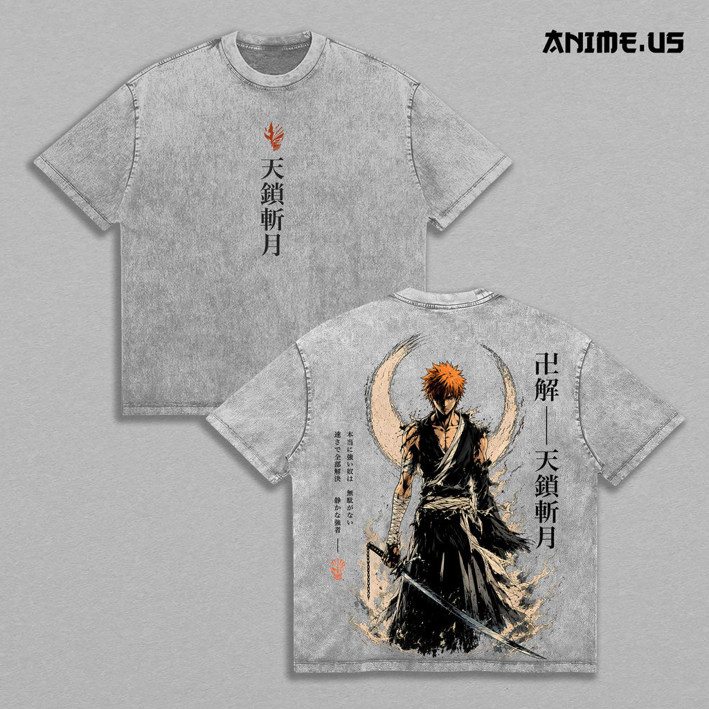 Ichigo Kurosaki Bleach Thousand-Year Blood War Vintage Washed Oversized T-Shirt, Tensa Zangetsu Anime Graphic Tee, Heavyweight Cotton Streetwear Shirt