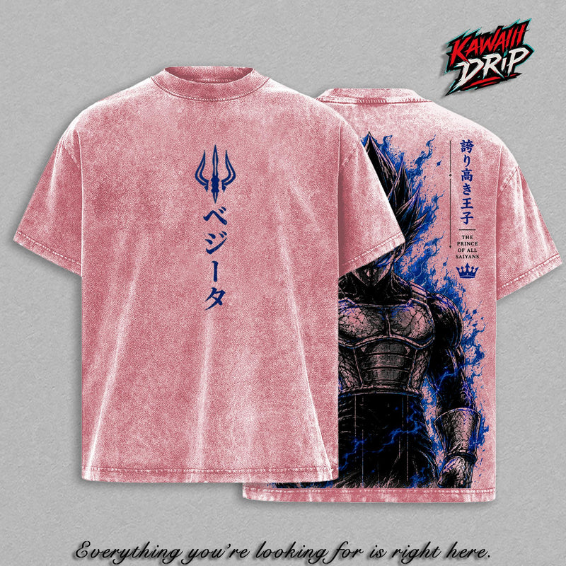 Prince of All ''Saiyans'' Graphic Tee Vintage Washed Shirt DBZ Anime Streetwear T-Shirt ''Saiyan'' Warrior Power Up Manga Tee Oversized Unisex Gift for DBZ Fans and Anime Lovers