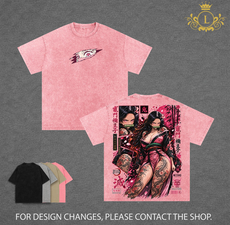 Limited Edition Nezuko Kamado Vintage Washed Graphic Tee Demon Slayer T-Shirt Kimetsu No Yaiba Shirt Blood Demon Art Heavy Cotton Unisex Streetwear Gift for Anime Lovers