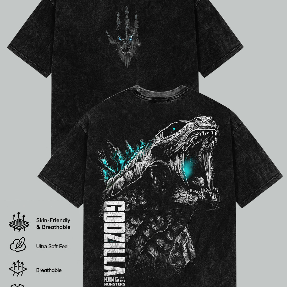 Godzilla Vintage Graphic T-Shirt, Kaiju Monster Movie Tee, Oversized Washed Heavyweight Cotton, Unisex Streetwear, Retro Kaiju Inspired, Short Sleeve, Seamless, Casual Top, Menswear, Gift for Movie Fans