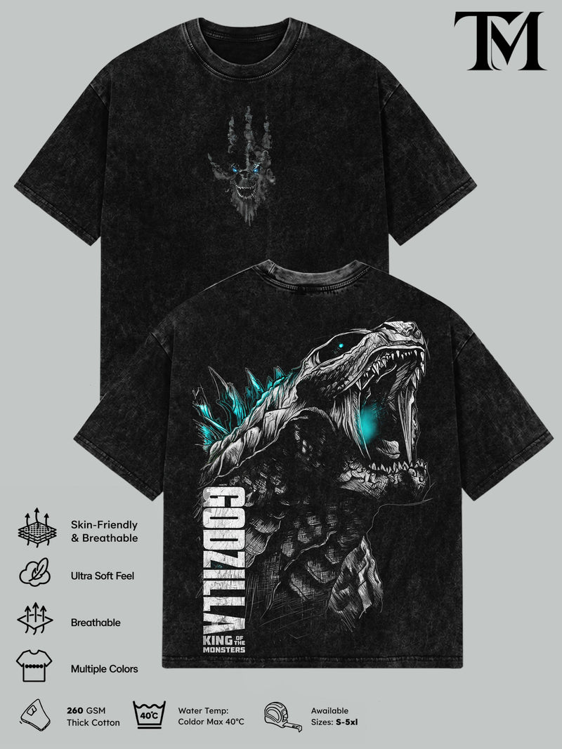 Godzilla Vintage Graphic T-Shirt, Kaiju Monster Movie Tee, Oversized Washed Heavyweight Cotton, Unisex Streetwear, Retro Kaiju Inspired, Short Sleeve, Seamless, Casual Top, Menswear, Gift for Movie Fans