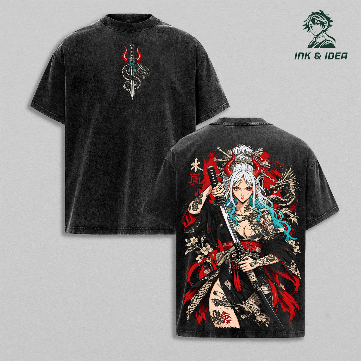 Yamato One Piece Vintage Washed Gym T-Shirt, Oni Princess Samurai Katana Dragon Double Sided Anime Graphic Tee, Oversized Heavyweight Cotton Wano Manga Streetwear, Unisex Fan Gift