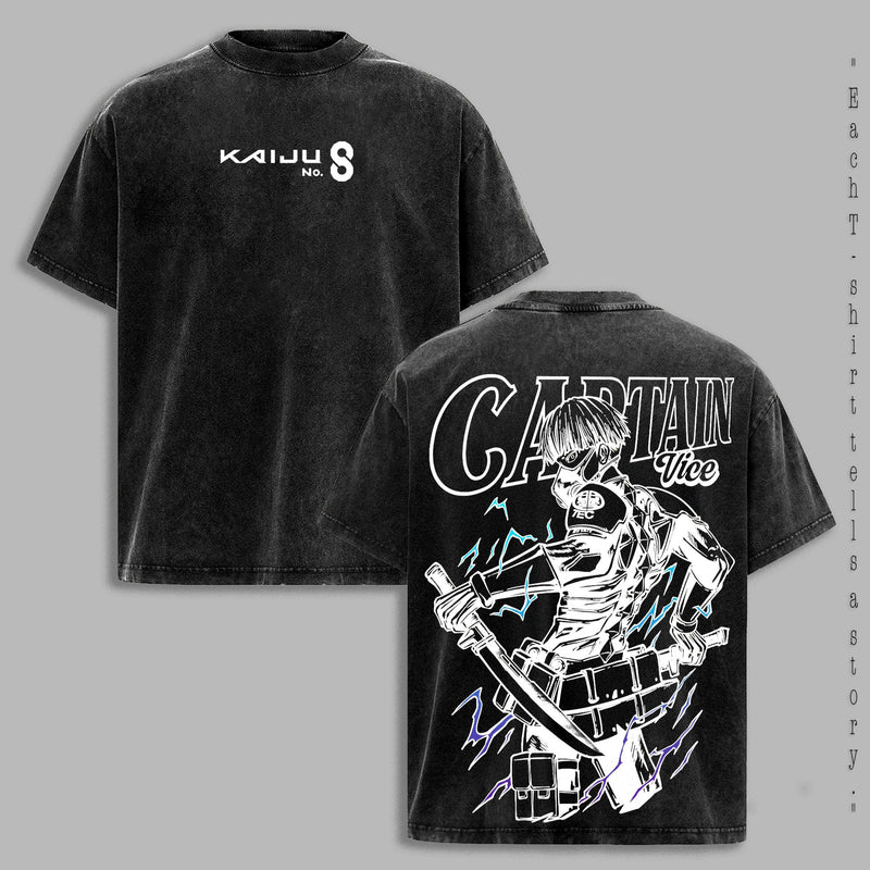 Soshiro Hoshina Blade Master Oversized Washed Tee, Kaiju No. 8 Anime Streetwear Top, Retro Manga Graphic Shirt for Fans and Otaku