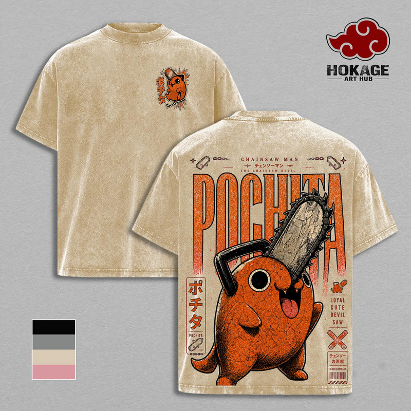 Pochita Chainsaw Man T-Shirt, Chainsaw Devil Anime Graphic Tee, Back Print Vintage Washed Anime Shirt, Graphic Tees Men, Trendy Tshirts, Men's T Shirts, Chainsaw Man Streetwear, Unisex Cotton Distressed Tee, Merch For Men, Men Fashion Graphic Tee