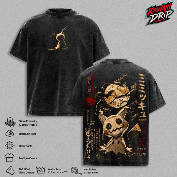 Mimikyu PKM Vintage Washed Graphic T-Shirt - Ghost Type PKM Anime Graphic Tee Heavyweight Cotton Oversized Streetwear Shirt Unisex Manga Apparel Gift For PKM Fans Men & Women