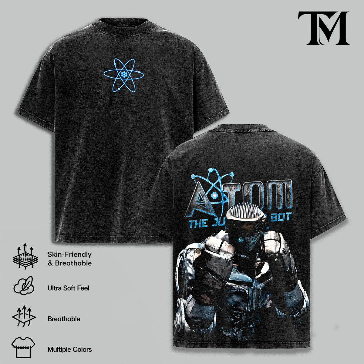 Real Steel Atom Graphic Tee, Apparel with Double Print, Oversize Lightweight Acid-Washed Cotton, Casual Classic Seamless Shortsleeve Movies Films Streetwear Top Gift for movie fans